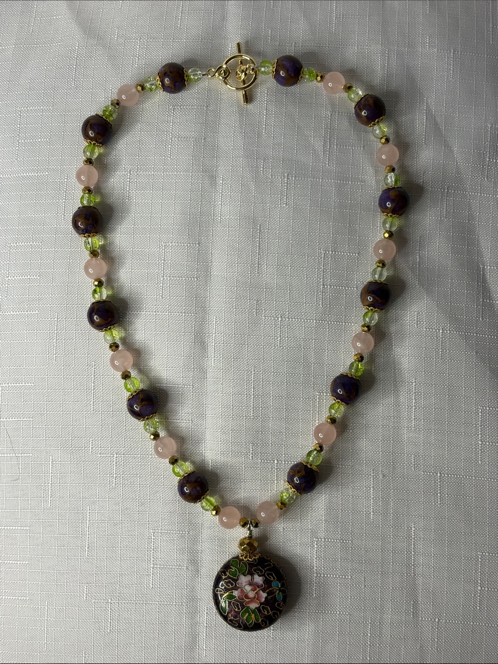 Floral Cloisonné Pendant Necklace w/Rose Quartz, and Glass - Picture 4 of 7